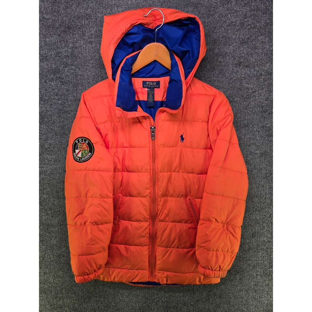 Polo Ralph Lauren Boys Orange Puffer Jacket Detachable Hood Crest Patch M 10-12